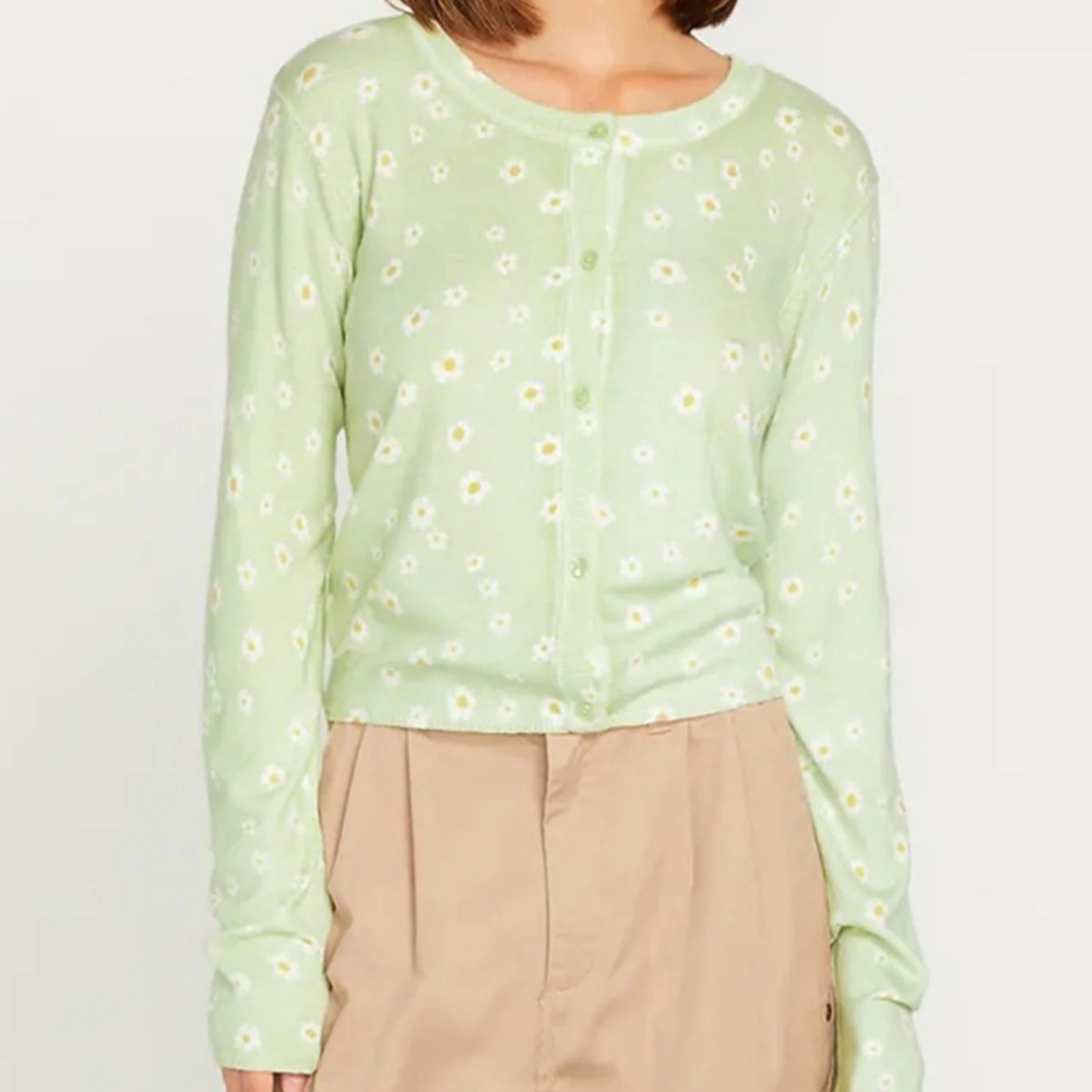 NEW VOLCOM Fleurality Sweater - Sage Flower Cardigan - S